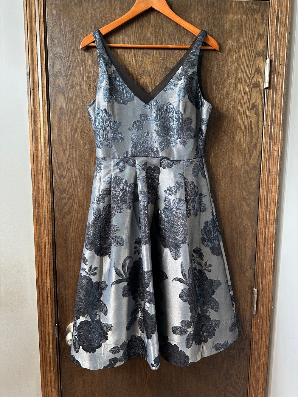 Metallic Silver V-Neck Floral Fit & Flare Dress